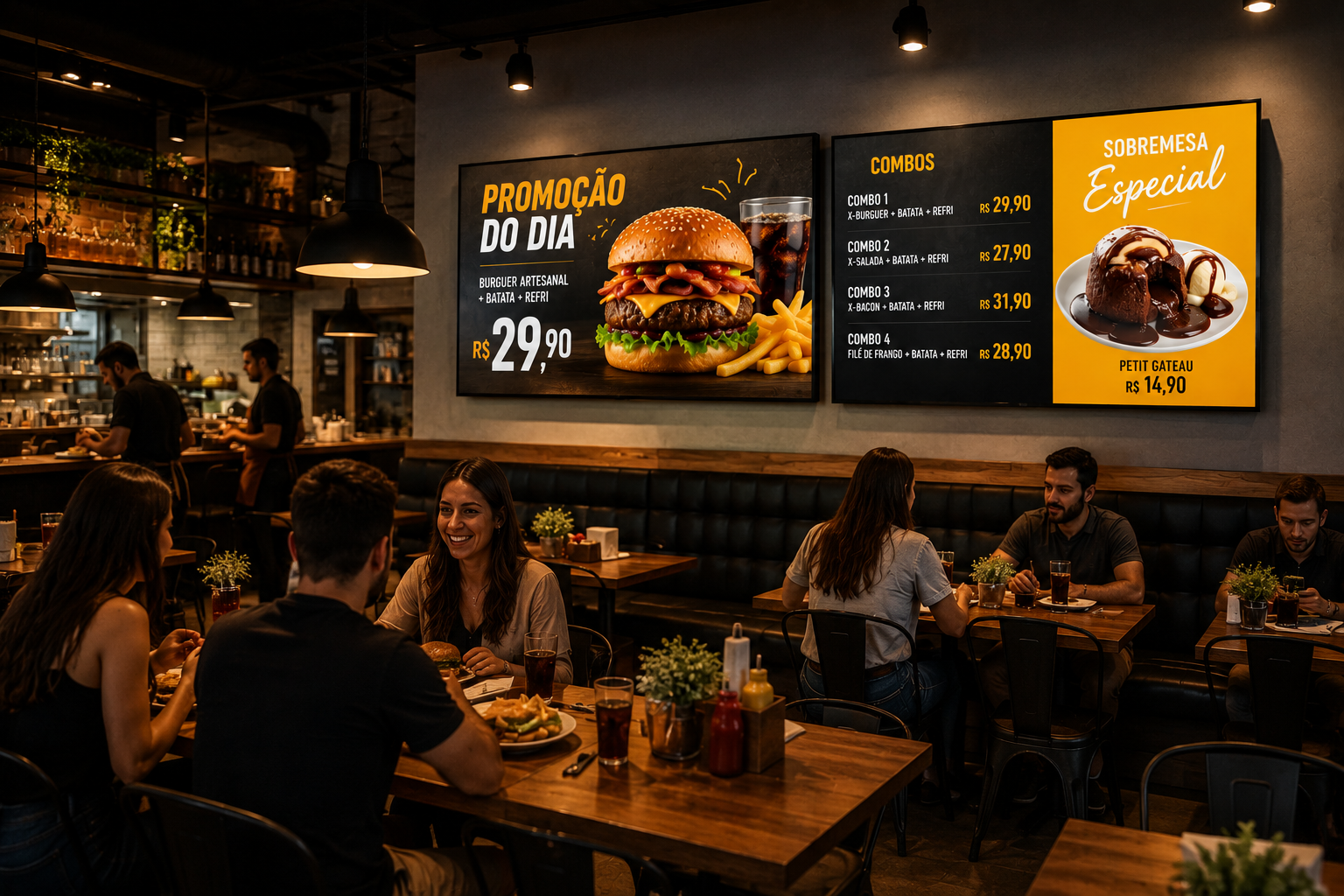 Telas exibindo conteúdo digital em um bar
